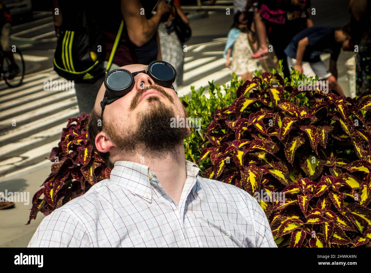 Hombre con gafas especiales para ver un eclipse parcial del sol en agosto de 2017, Nueva York, Estados Unidos Foto de stock
