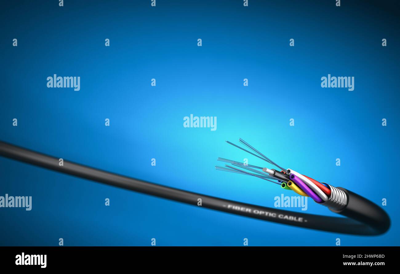 3D Ilustración de un cable de fibra óptica sobre fondo azul con espacio de copia en la parte superior. Foto de stock