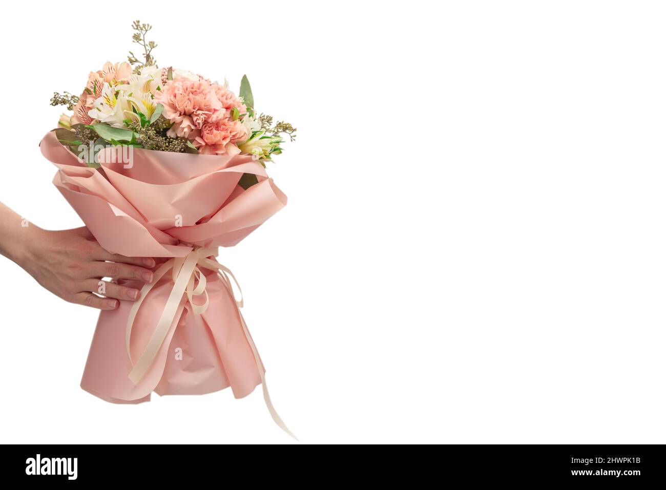 Ramo de flores rosas suaves en papel de envolver rosa en manos de mujer  aisladas sobre fondo blanco Fotografía de stock - Alamy