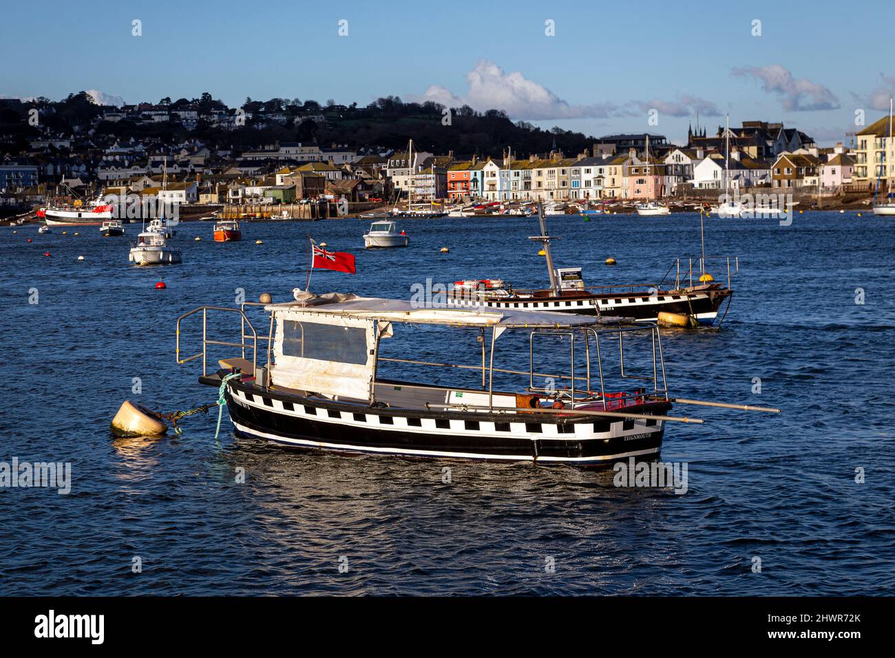 Sheldon transbordadores con Teignmouth noche, Shaldon, Sunset,Devon,río teign,estuario,devon vacaciones Shaldon, Reino Unido, playa, barcos, Foto de stock