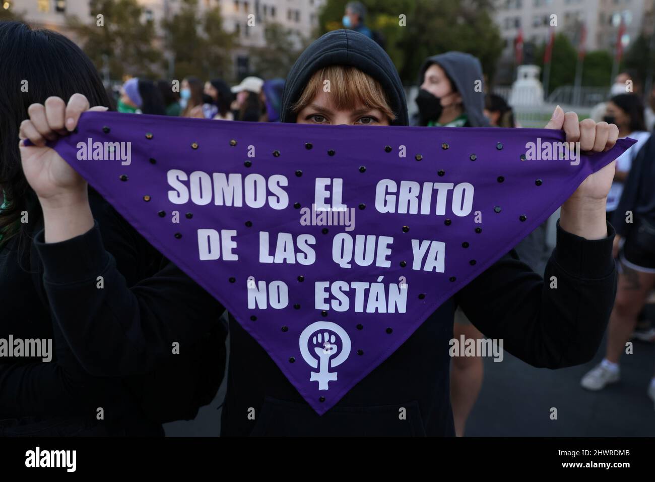 Una activista sostiene una señal que dice 'Somos el grito de aquellos que  ya no están' después de interpretar el himno feminista chileno de protesta  'Un violador en tu camino' (Un violador