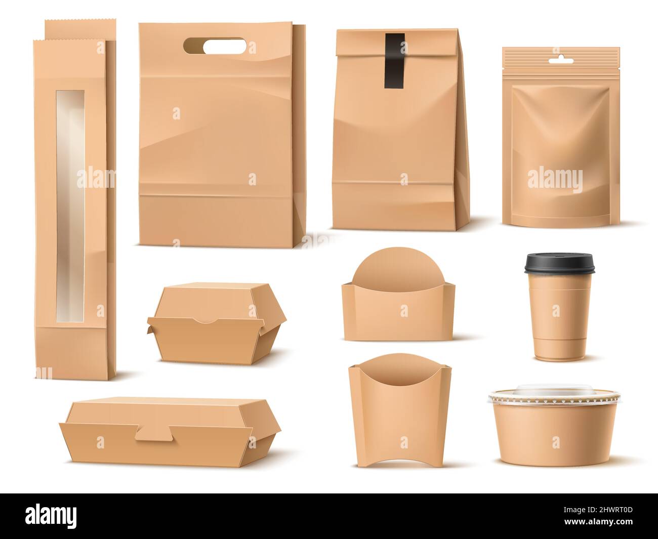 Embalaje de papel de comida para llevar. Recipientes de comida rápida  realistas. Paquete de entrega. En blanco 3D cajas de cartón, bolsas o tazas  de mockup. Sobre de ziplock. Comida Imagen Vector