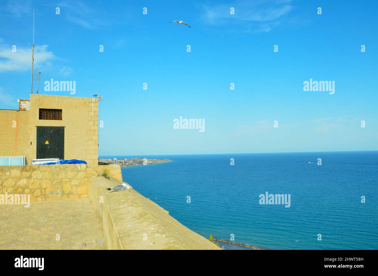 Alicante, España - Julio 17 2019: Vista desde el Castillo de Santa Bárbara hasta el Mar Mediterráneo frente a Alicante. En la pared del castillo se encuentra un seagu Foto de stock