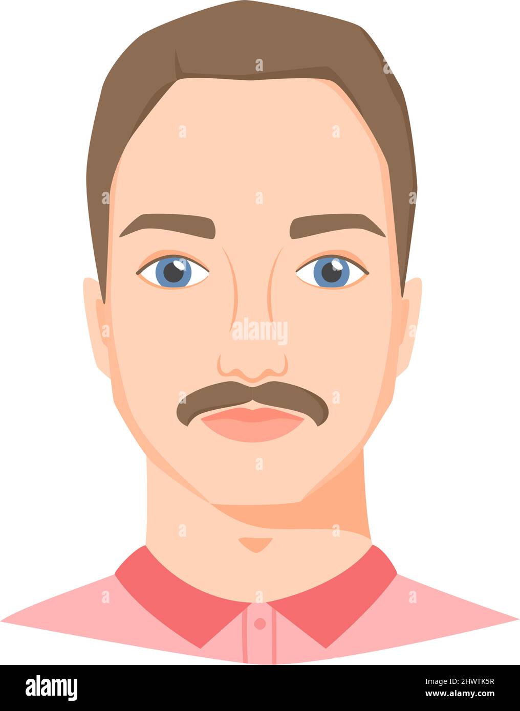 Joven rostro blanco con bigote. Retrato masculino o avatar en estilo plano. Vista frontal. Vector Ilustración del Vector