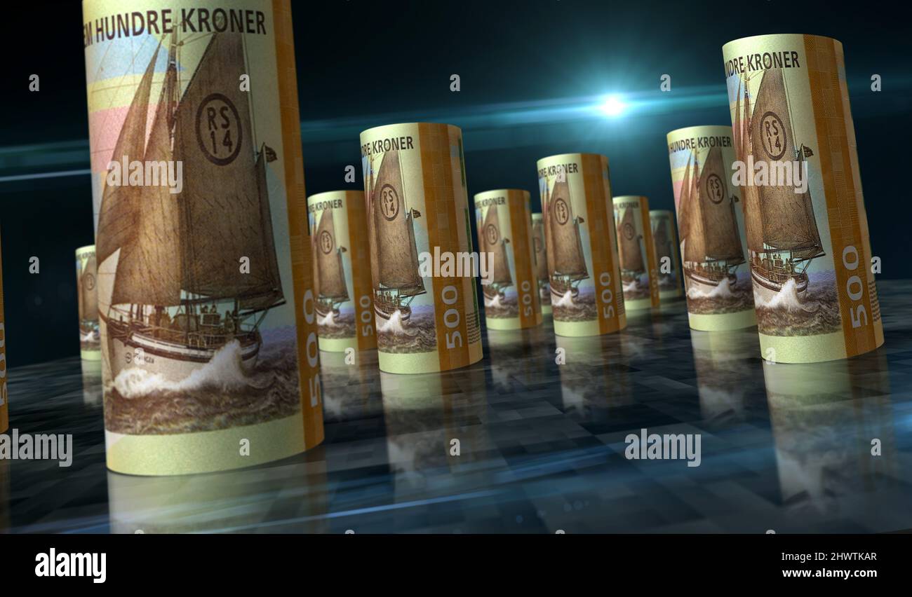 El dinero noruego de Krone reprodujo la ilustración de 3D. Rollo de billetes NOK. Concepto de finanzas, efectivo, crisis económica, éxito empresarial, recesión, banco, impuestos y. Foto de stock