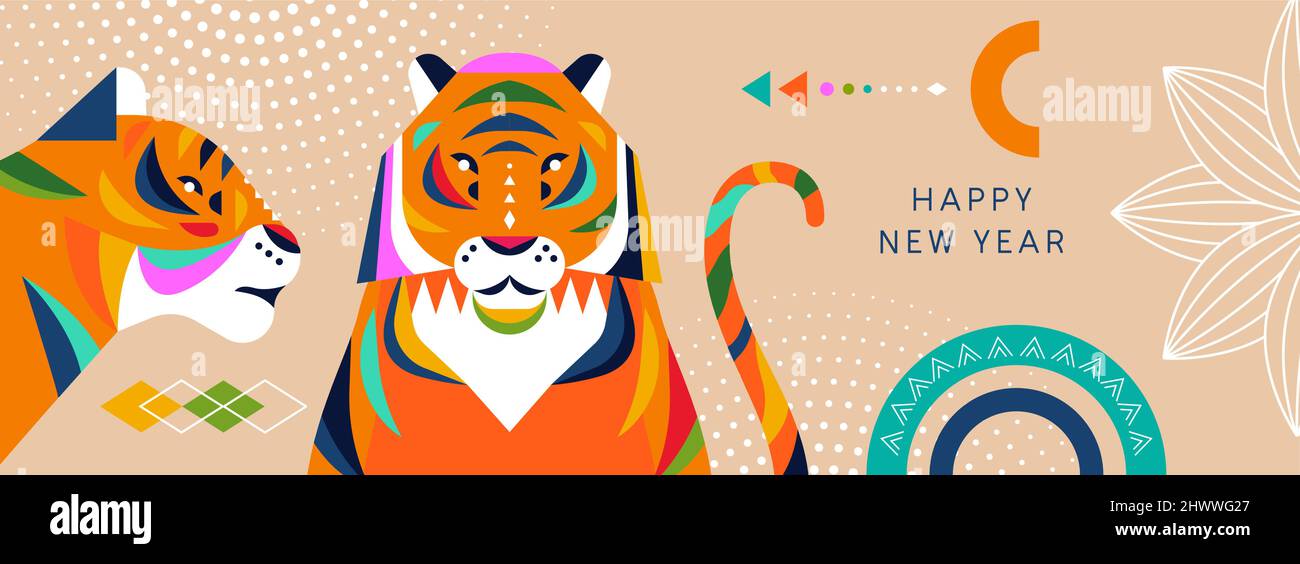 Feliz China Año Nuevo 2022 tarjeta de felicitación ilustración de animales de tigre geométrico con colorida decoración abstracta de shaoe y símbolo de arte popular. Festivo Ilustración del Vector