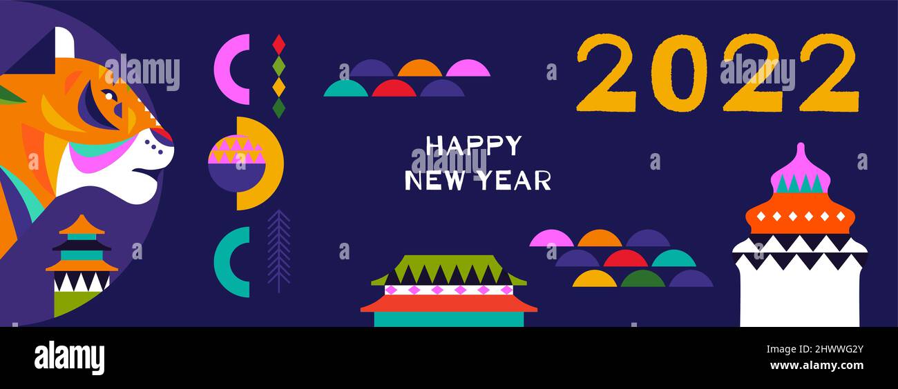 Ilustración de la tarjeta de felicitación del Año Nuevo Chino 2022. Moderno animal tigre de forma geométrica con colorido paisaje arquitectónico asiático en estilo folk abstracto Ilustración del Vector