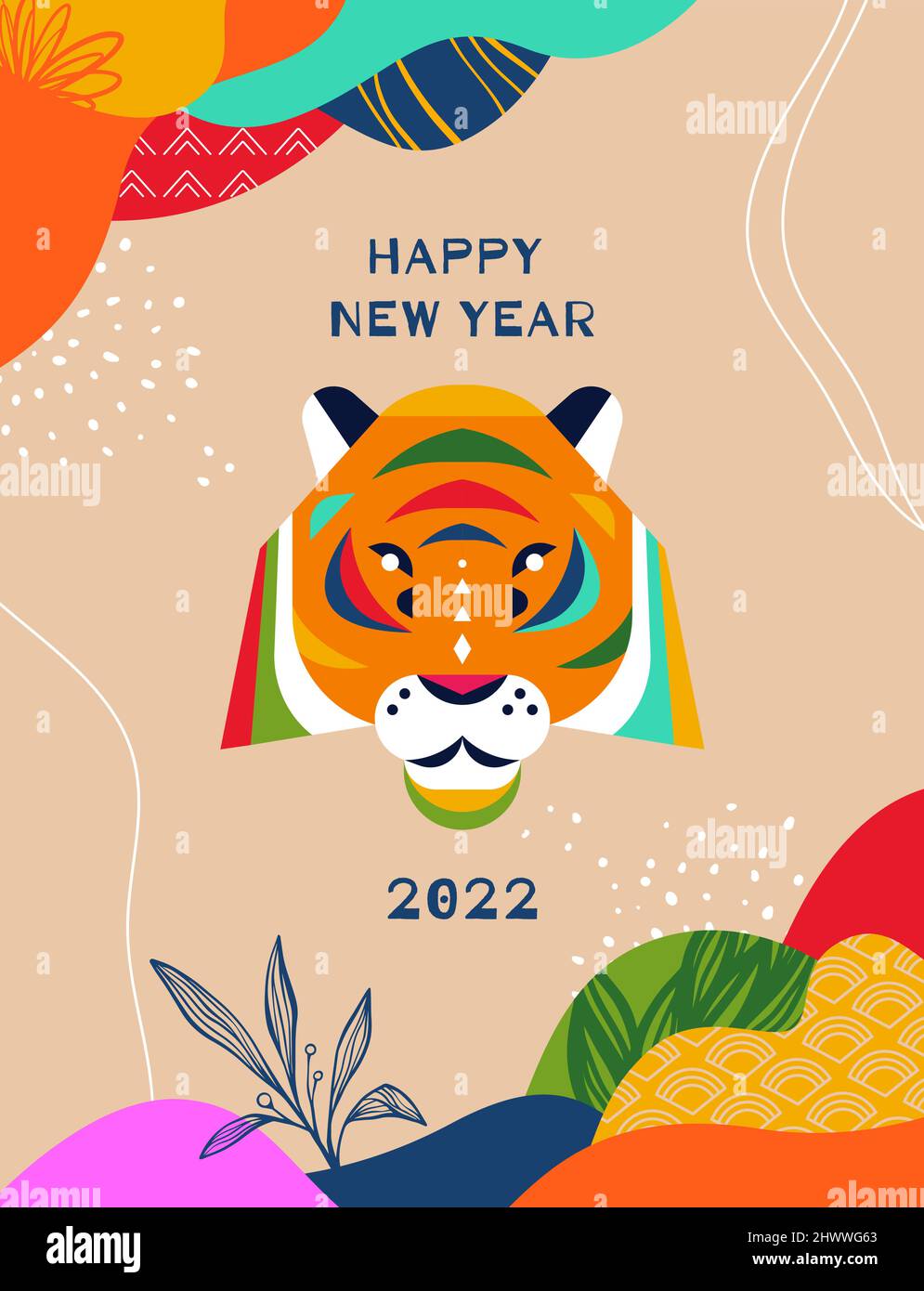 Feliz China Año Nuevo 2022 tarjeta de felicitación ilustración de la cabeza de animal tigre geométrico con colorida decoración abstracta de la naturaleza y símbolo de arte popular. Fe Ilustración del Vector