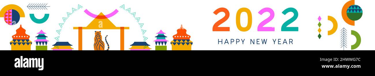 Feliz Año Nuevo Chino 2022 web banner ilustración de moderno colorido paisaje asiático con animal tigre. Diseño de estilo folk abstracto para la c tradicional Ilustración del Vector
