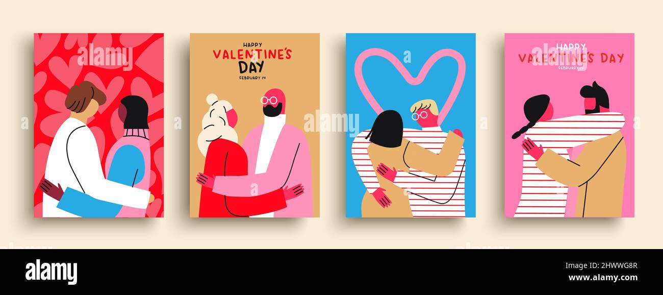 Feliz día de San Valentín juego de tarjeta ilustración con dibujos animados a mano parejas. Diversos novio y novia abrazan juntos. Febrero 14 HOLI Ilustración del Vector