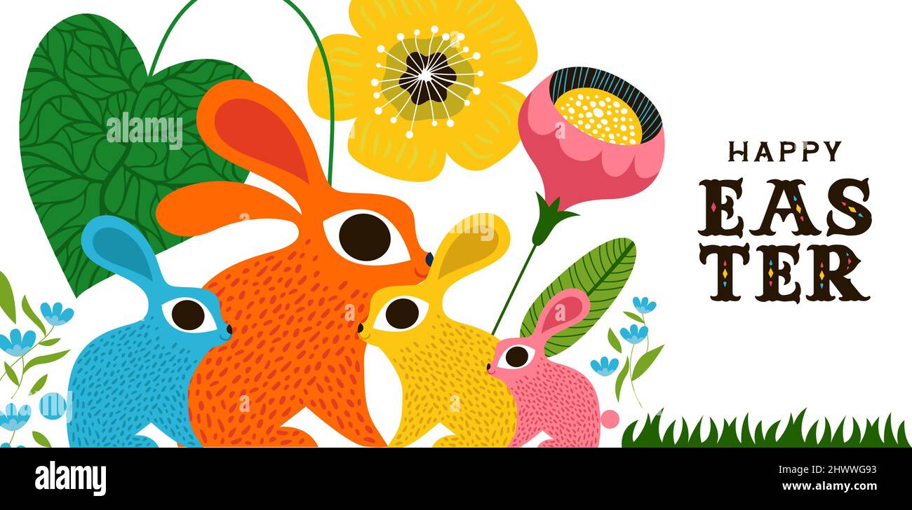 Feliz Pascua tarjeta de felicitación de la familia de animales de conejo lindo en estilo de arte popular vintage con decoración de la naturaleza. Ilustración de fondo del festival de primavera para Ilustración del Vector