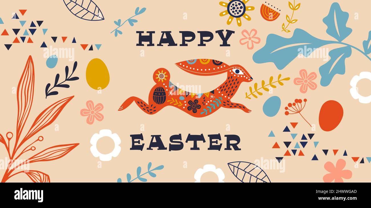 Feliz Pascua tarjeta de felicitación de animal de conejo divertido en estilo de arte popular con fideos florales. Festival de primavera ilustración de fondo para cristo tradicional Ilustración del Vector