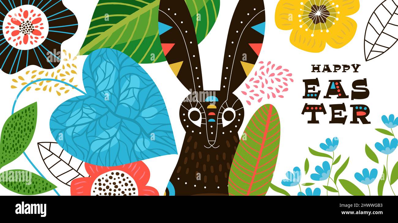 Feliz Pascua tarjeta de felicitación ilustración de estilo clásico vintage conejo animal con colorida decoración de primavera naturaleza. Dibujos animados retro escandinavos DES Ilustración del Vector