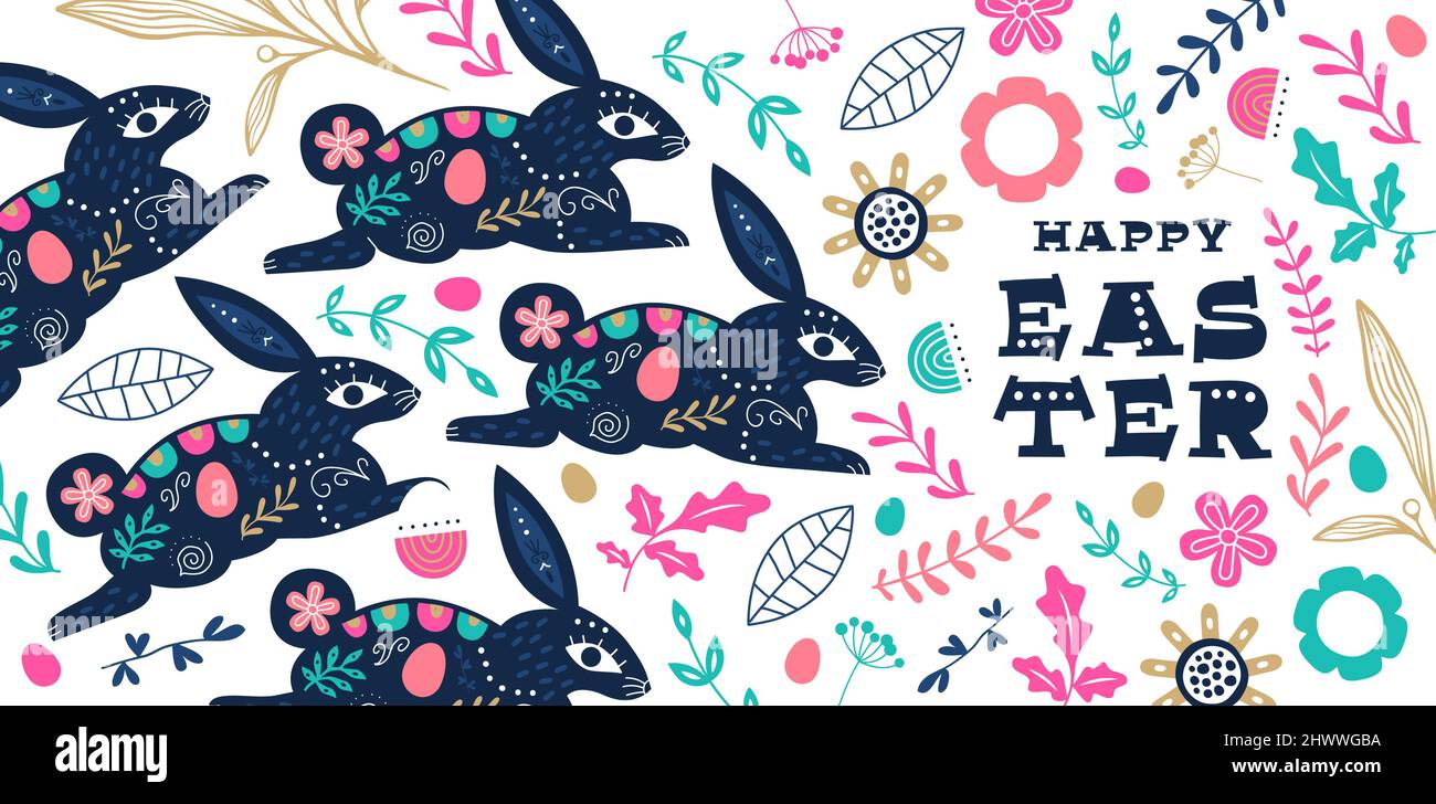 Feliz Pascua tarjeta de felicitación ilustración de estilo clásico de arte tradicional animal de conejo con colorida decoración de fideos de primavera. Dibujos animados retro escandinavos DES Ilustración del Vector