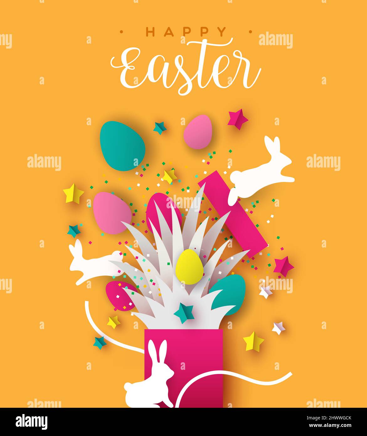 Feliz Pascua tarjeta de felicitación de regalo de conejo con adorno de artesanía de papel y texto festivo cita. Ilustración realista de recorte de 3D capas para tr Ilustración del Vector