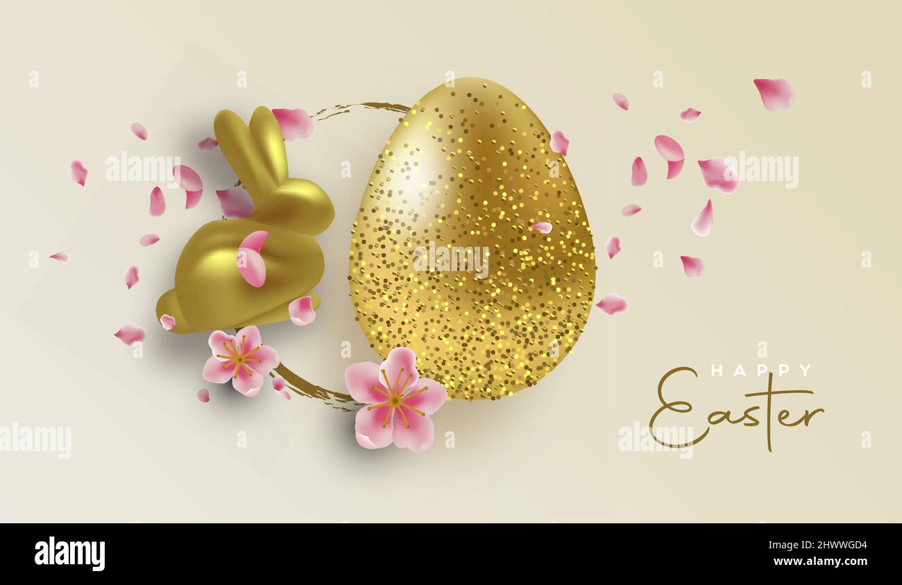 Feliz Pascua tarjeta de felicitación ilustración de lujo 3D oro brillo huevo y primavera flores pétalos. Decoración realista de vacaciones con la tipografía de la cita Ilustración del Vector