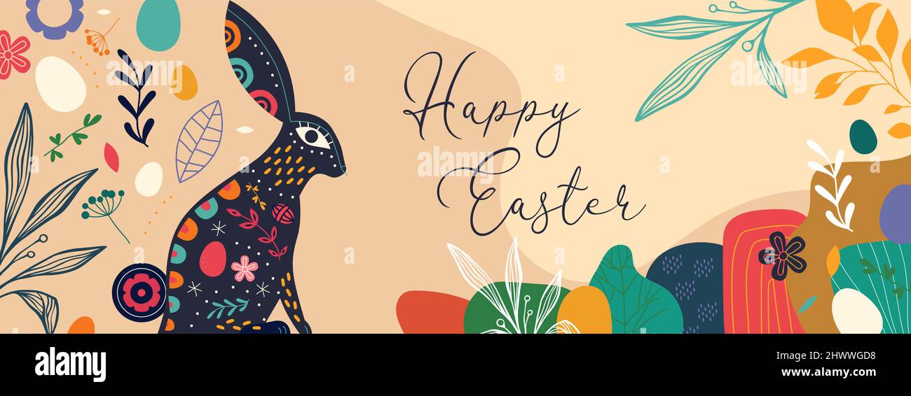 Feliz Pascua web banner ilustración de estilo vintage de arte popular conejo animal con colorido primavera de tallarines decoración. Diseño de dibujos animados escandinavos retro Ilustración del Vector