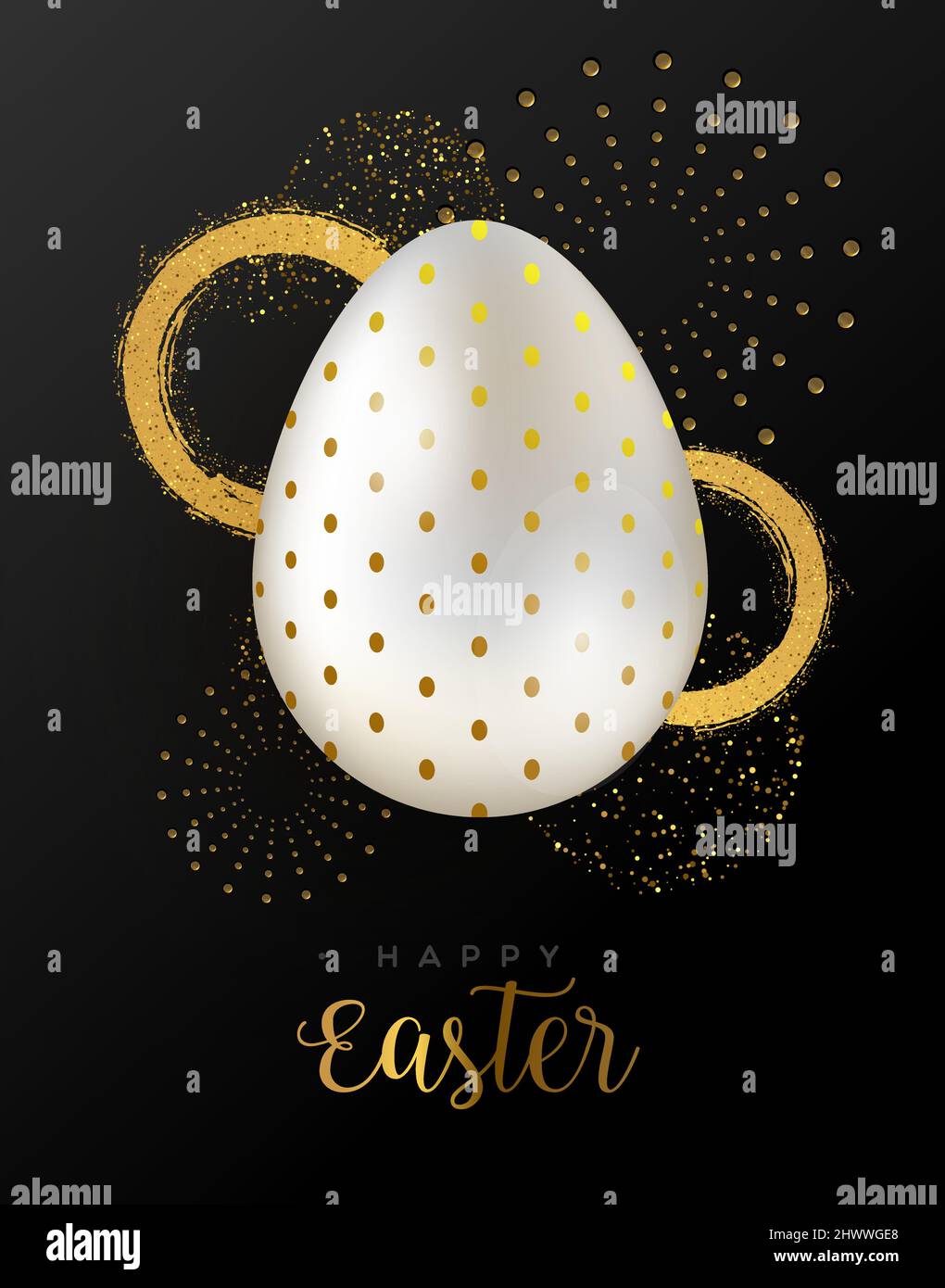 Ilustración de tarjeta de felicitación de lujo de Pascua feliz. Realistic 3D gold glitter con huevo tradicional para la celebración de las vacaciones de primavera. Ilustración del Vector