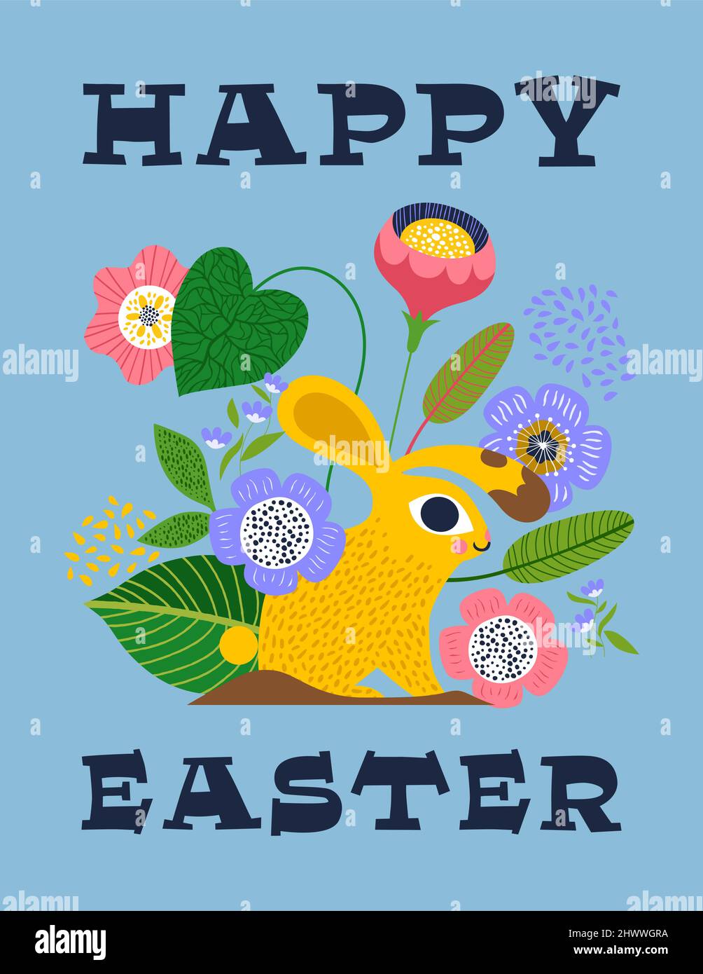 Feliz Pascua tarjeta de felicitación de animal de conejo divertido en estilo de arte popular con decoración de la naturaleza. Ilustración de fondo del festival de primavera para el tradicional ch Ilustración del Vector
