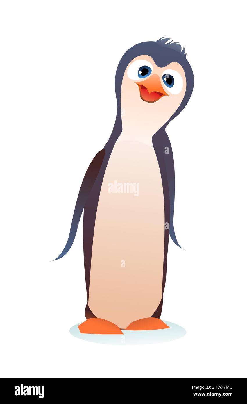 Dibujos animados de pingüinos. Pájaro delgado y alto. Alegre persona divertida. Estilo Koik. Aislado sobre fondo blanco. Vector. Ilustración del Vector