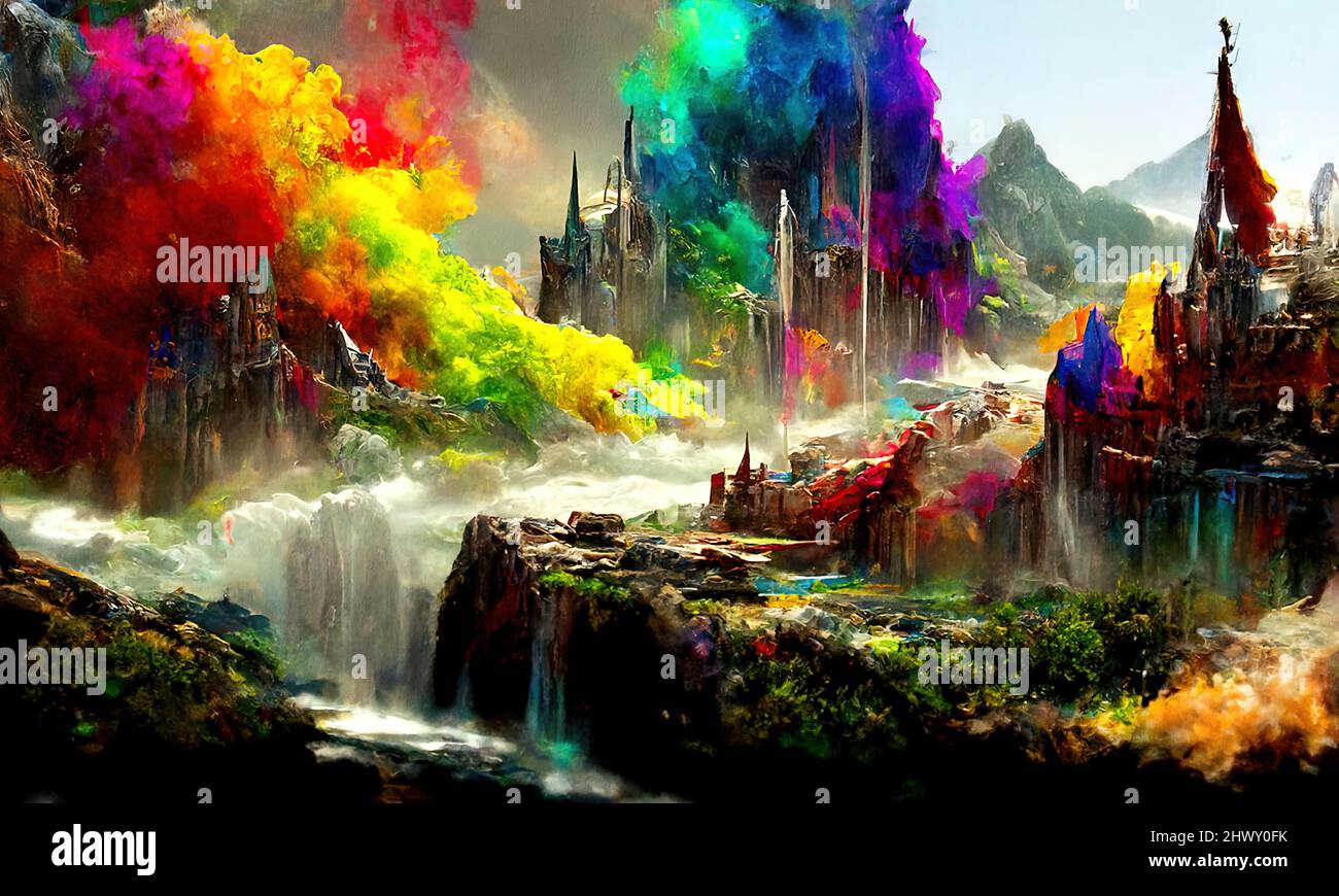 Una ciudad medieval de un mundo de fantasía está envuelta en un festival de colores, que cambia totalmente el paisaje y el estado de ánimo de sus habitantes Foto de stock