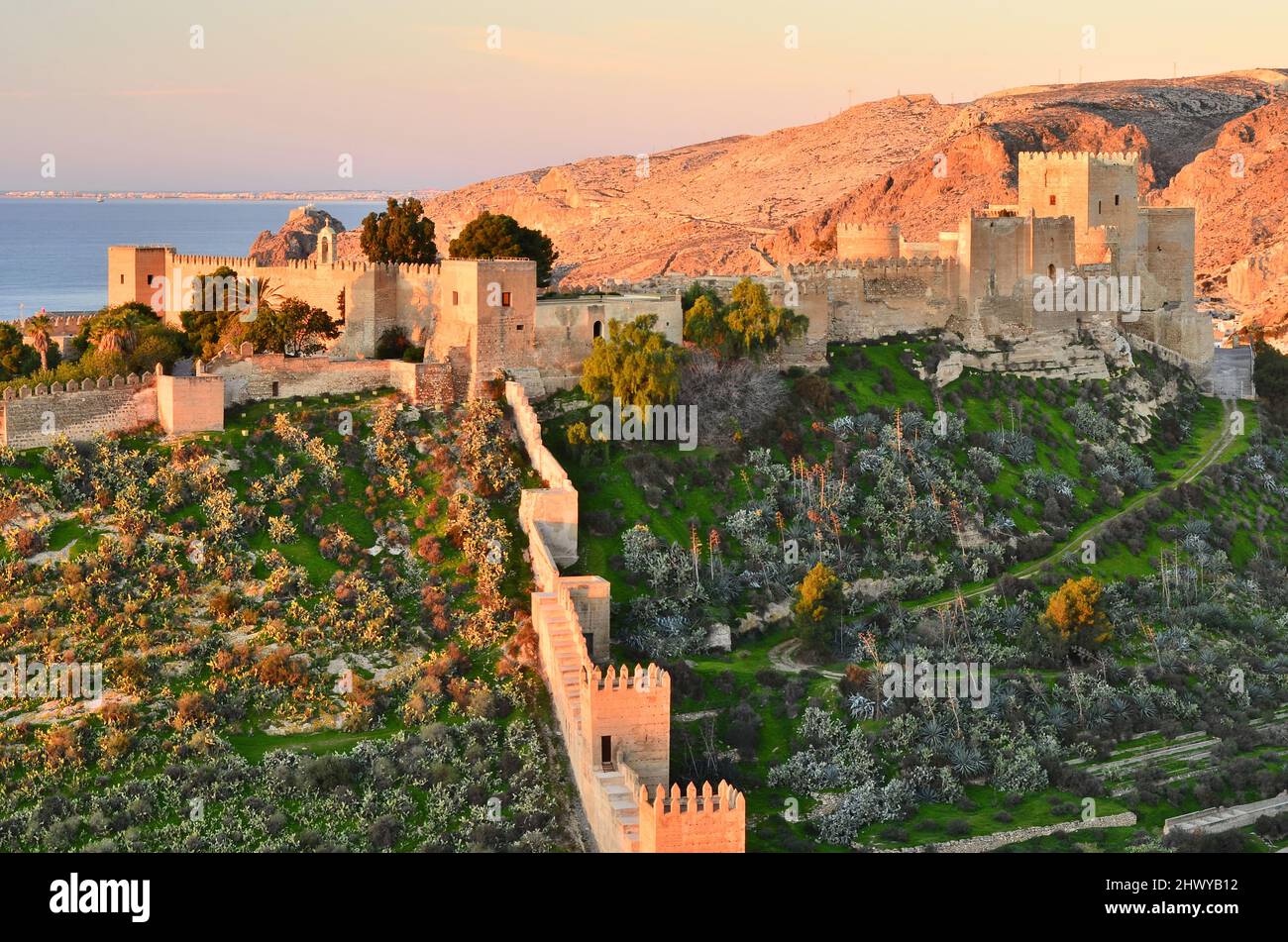 Alcazaba de Almería Vista matutina, castillo medieval morisco fortificado situado en la costa mediterránea en el árido paisaje del sur de Almería. Foto de stock