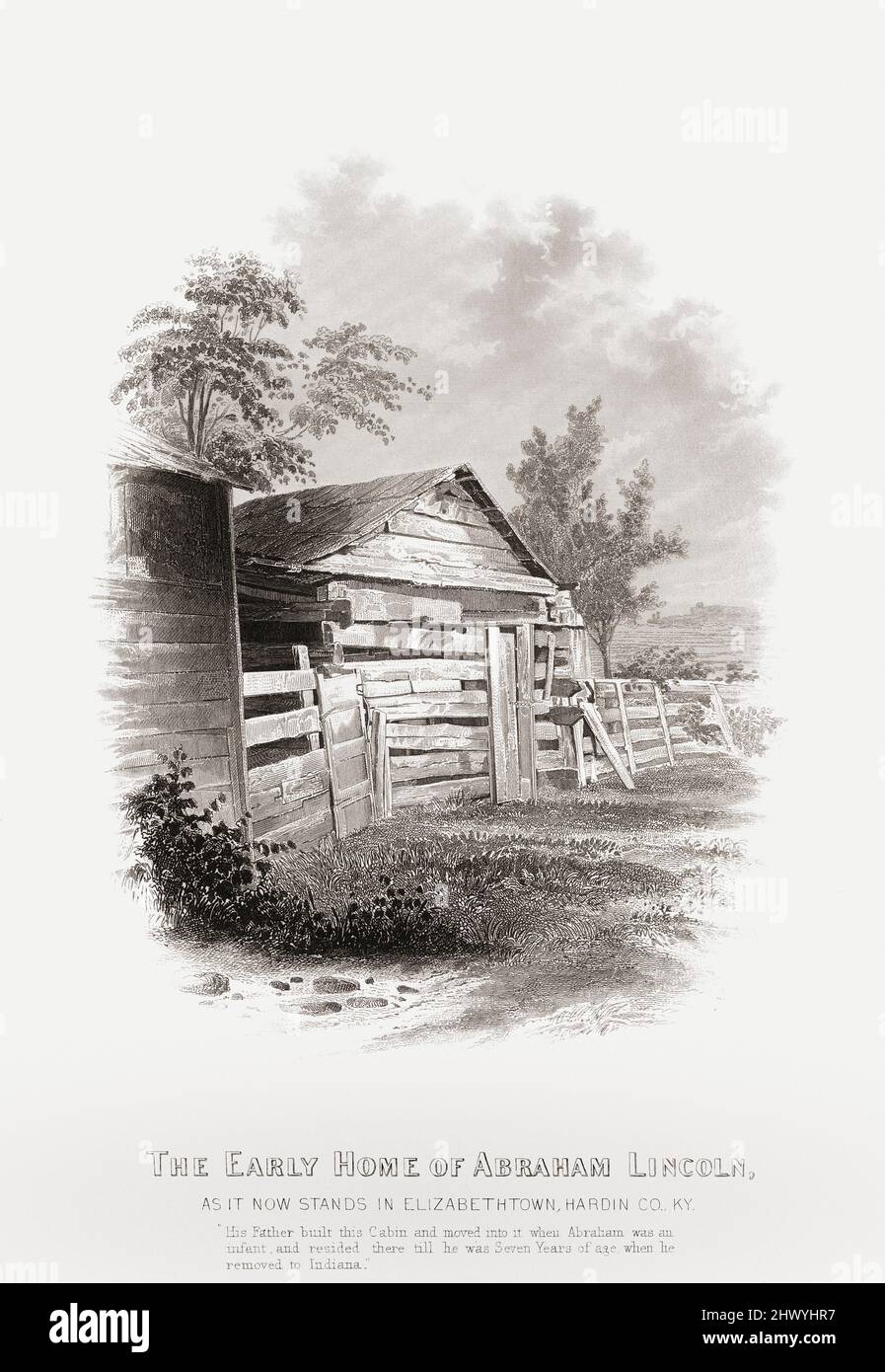 El hogar temprano de Abraham Lincoln en Elizabethtown, Kentucky, Estados Unidos de América. Después de un grabado por John Chester Buttre alrededor de 1860. La familia de Lincoln se mudó a esta casa en Knob Creek Farm cuando Abraham tenía dos años y vivieron allí hasta los siete años. Foto de stock