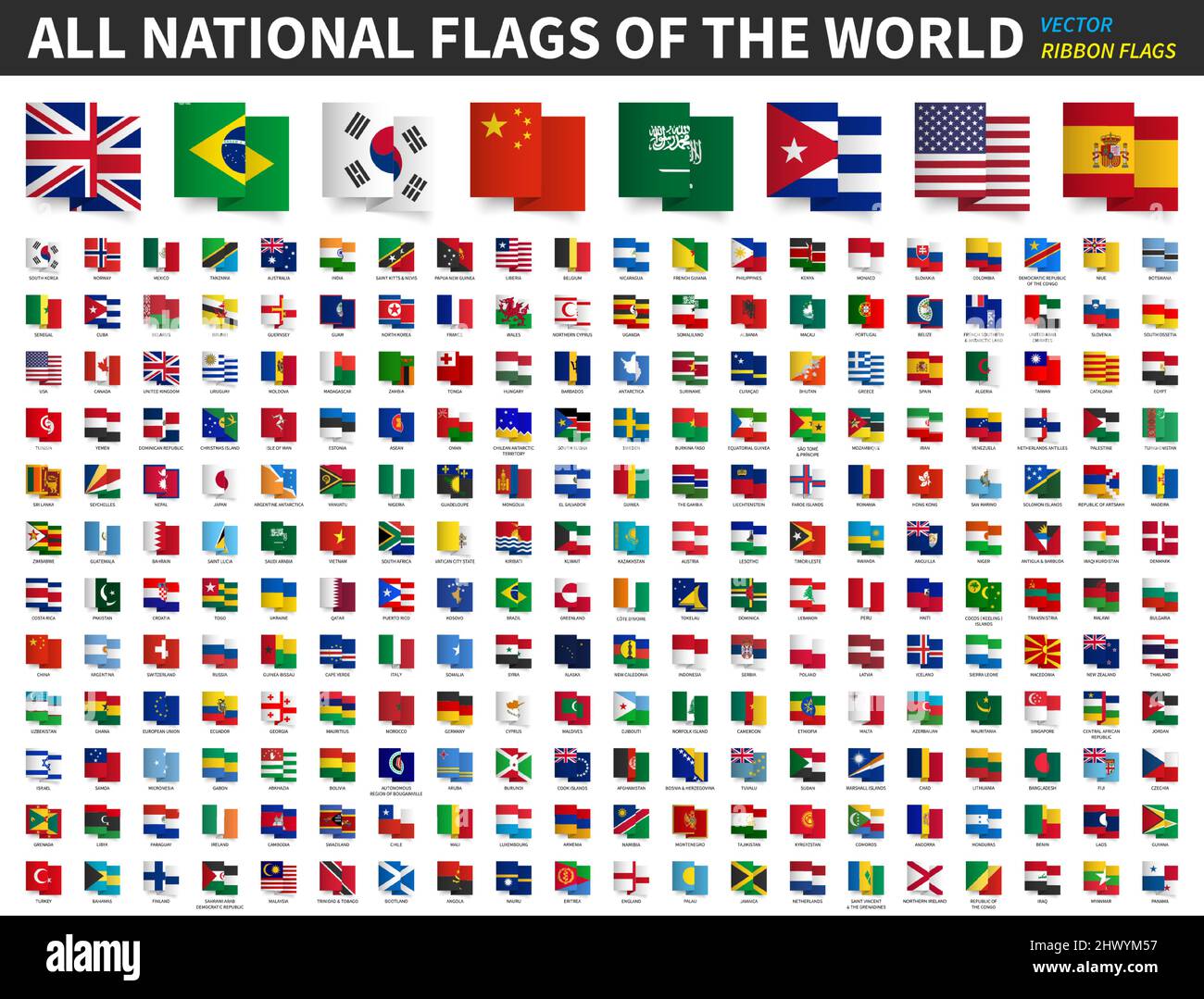 Todas las banderas nacionales del mundo . Diseño de la bandera de la cinta . Vector de elemento . Ilustración del Vector