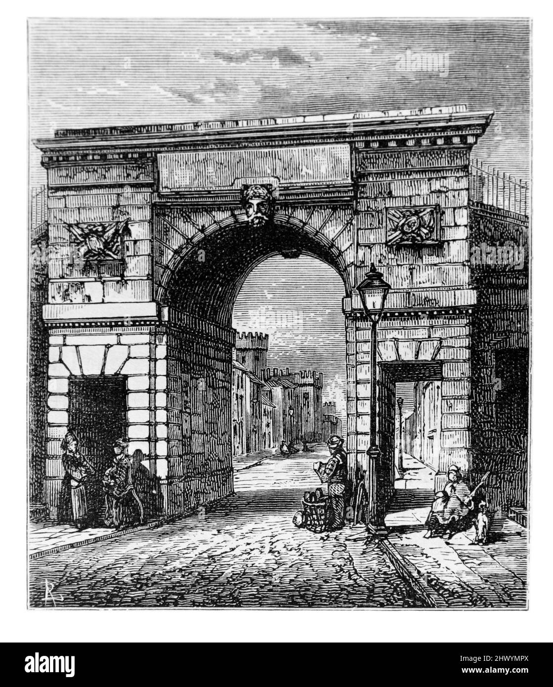 La Puerta del Obispo, Londonderry en el siglo 19th; Ilustración en blanco y negro; Foto de stock