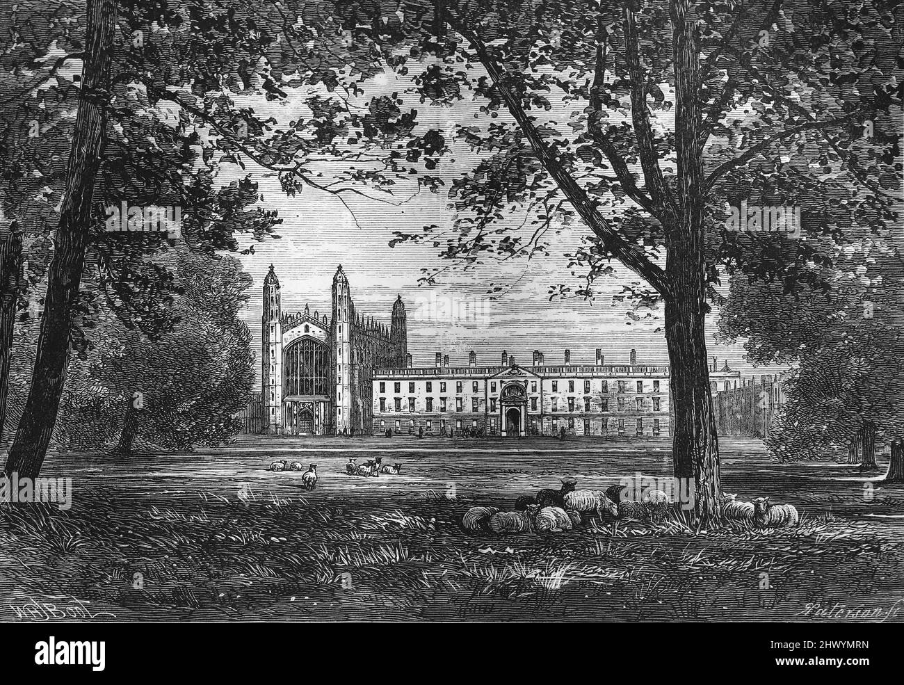 Kings College Cambridge en el siglo 19th; ilustración en blanco y negro; Foto de stock