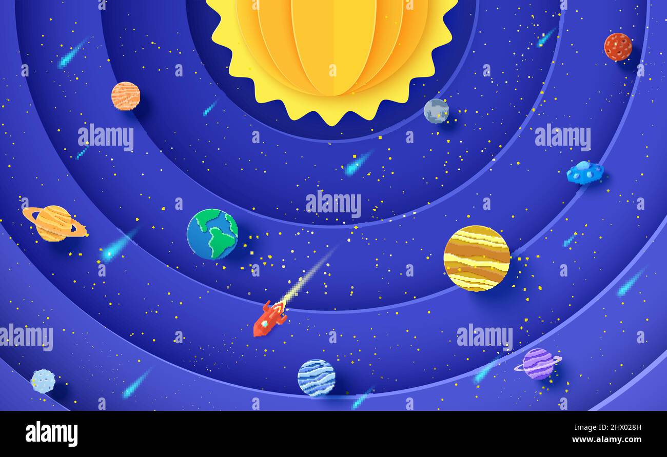 Modelo de sistema solar en estilo de corte de papel. Capas redondas espacio  galaxia con planetas de dibujos animados, cohete poligonal rojo, cometas y  ovni origami. vector 3d Imagen Vector de stock -