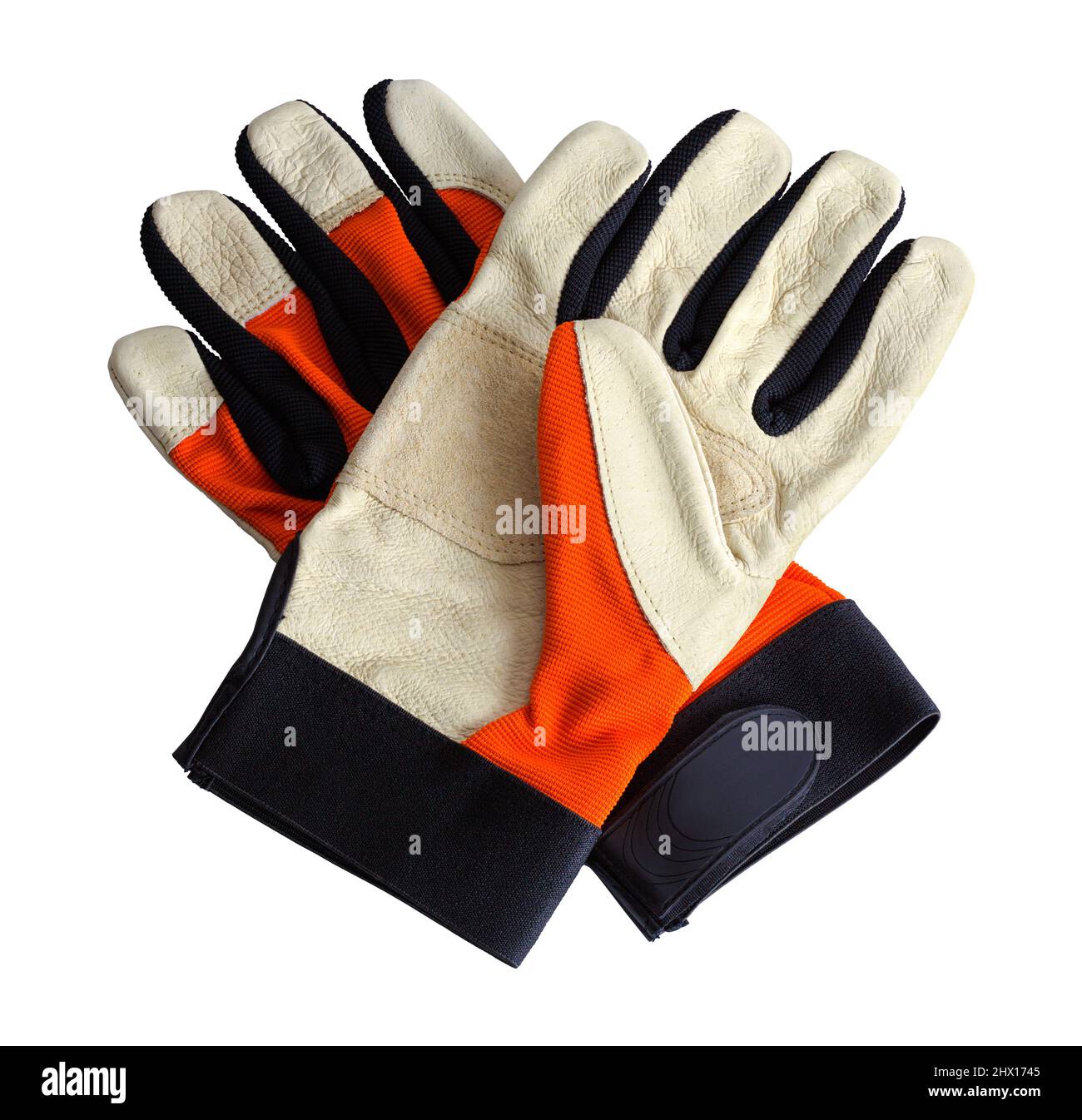 Guantes de trabajo de piel cortados en blanco. Foto de stock