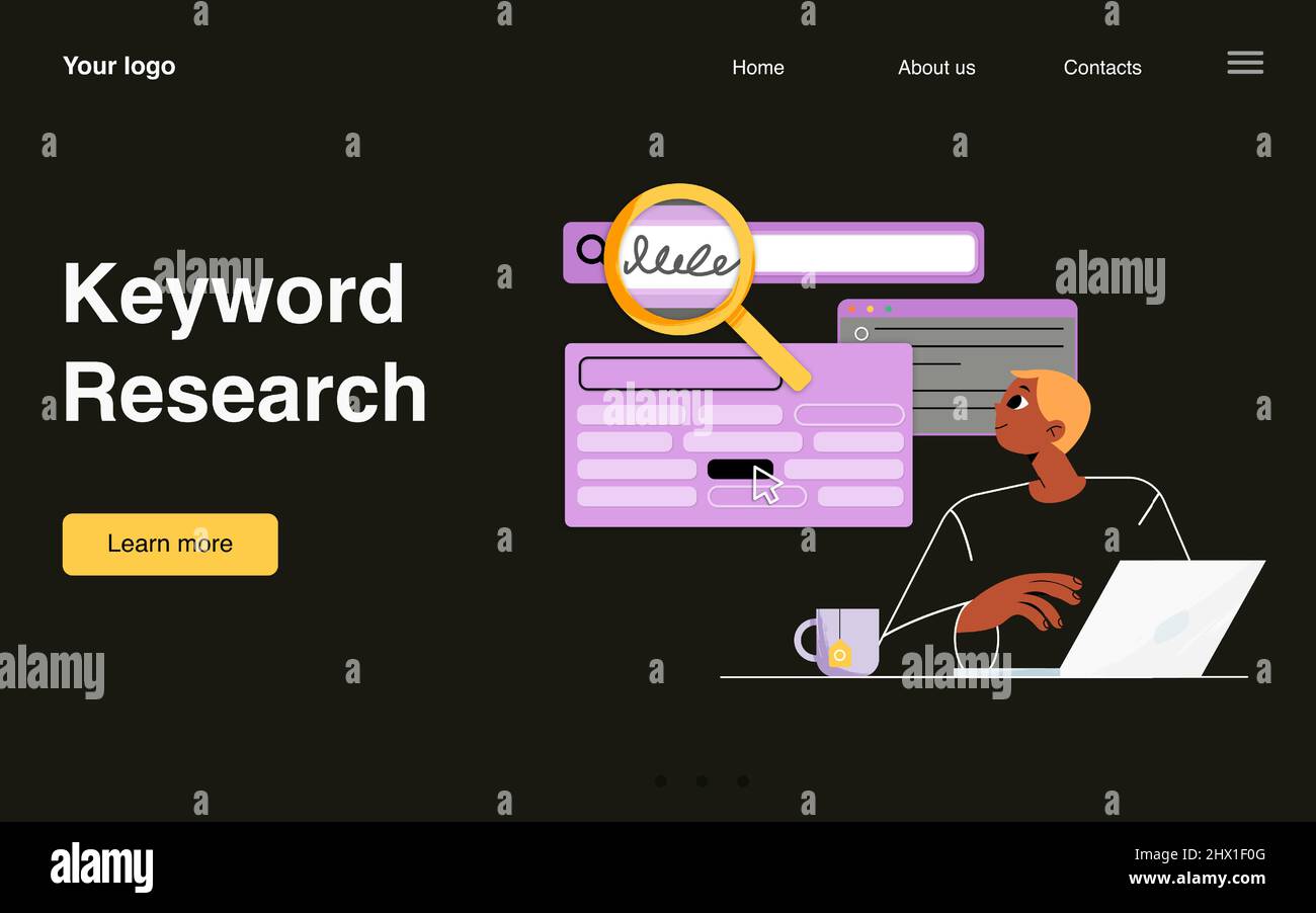 Página de aterrizaje de la investigación de la palabra clave. Especialista  profesional con ordenador portátil utilizando herramientas y servicios para  la navegación de palabras clave para la optimización de SEO y contenido