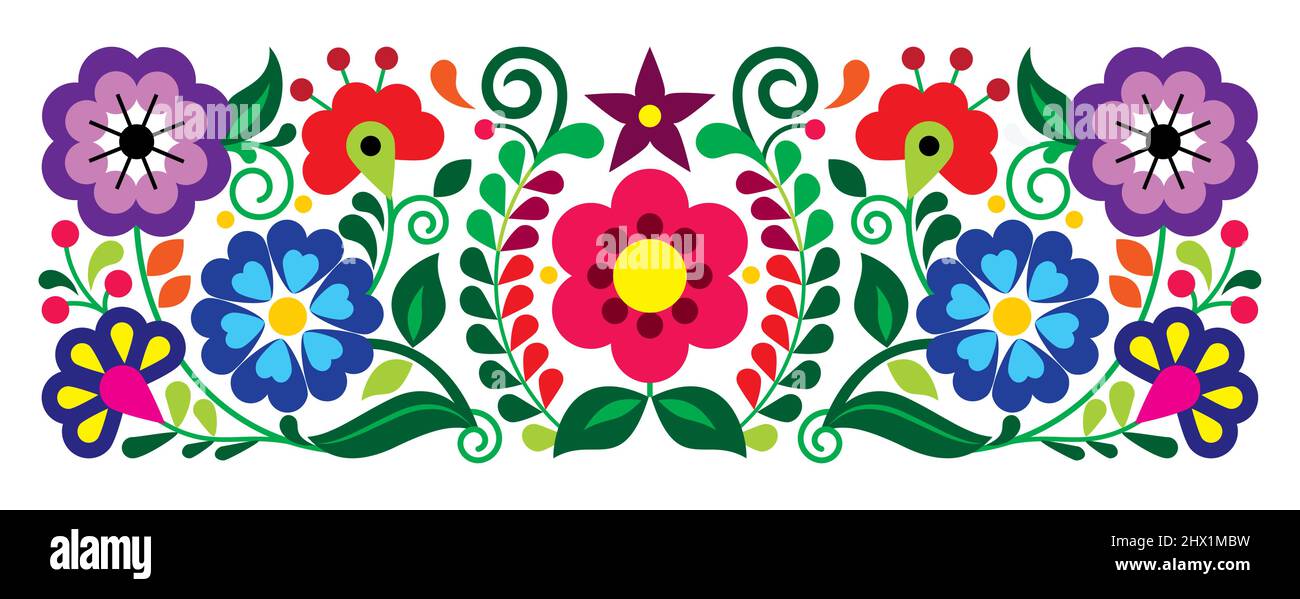 Estilo bordado mexicano patrón floral vectorial, ornamento colorido  inspirado en el arte popular de México, artesanía tradicional fondo  vibrante Imagen Vector de stock - Alamy