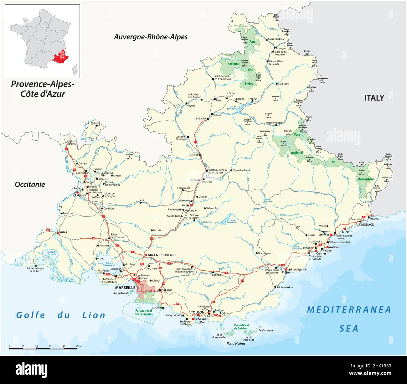 Mapa de carreteras y parques nacionales de la región de Provenza-Alpes-Costa Azul, Francia Ilustración del Vector