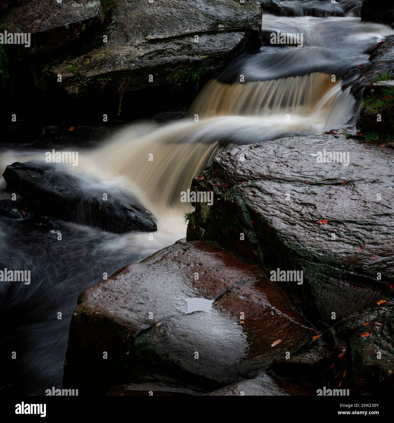 Los rápidos de la cascada tres cabezas de los aires, el borde de Ax Moor, donde Cheshire, Derbyshire y Staffordshire se encuentran, Inglaterra, Reino Unido Foto de stock