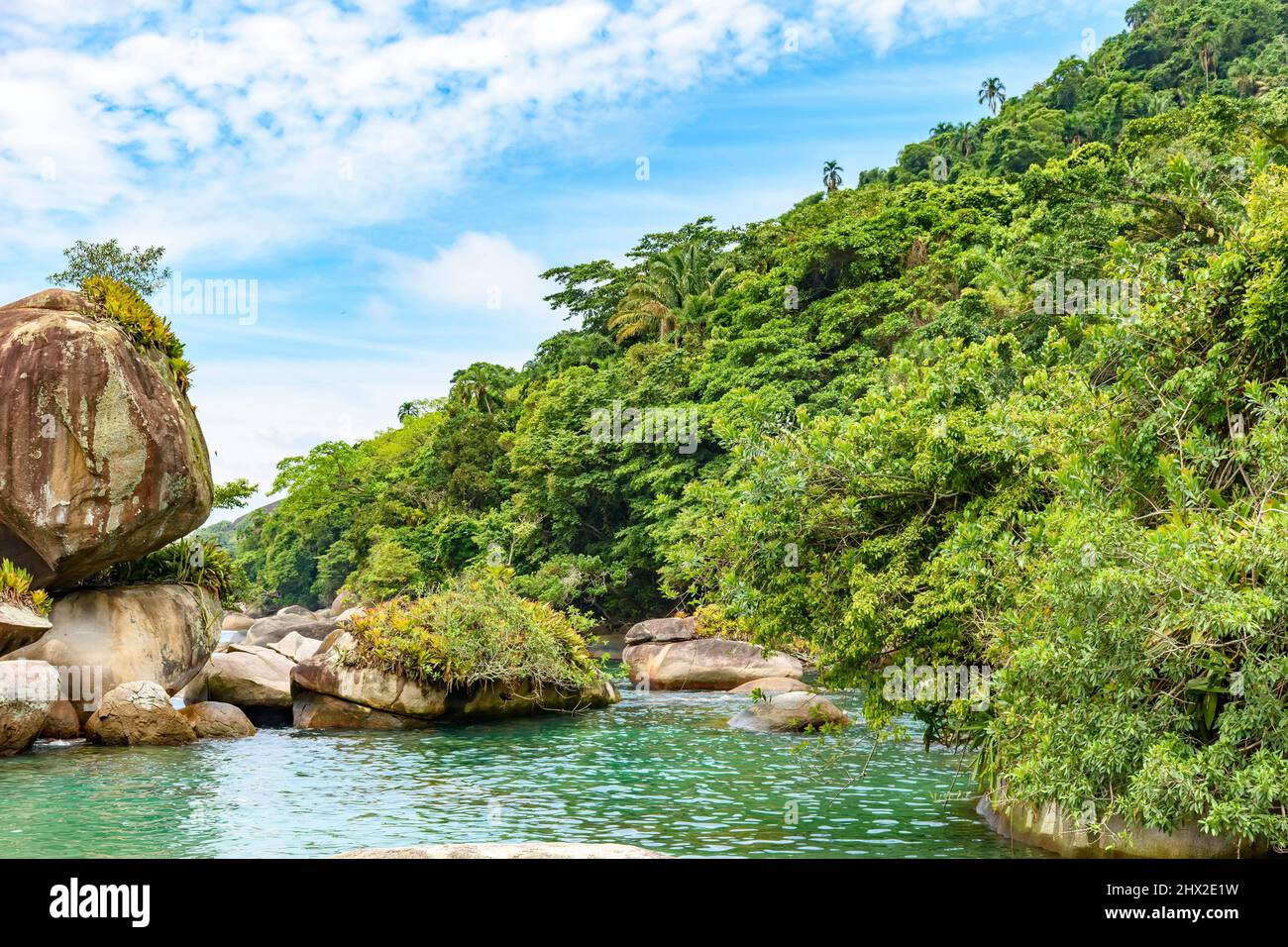 Laguna de agua salada entre las rocas y el bosque tropical conservado en Trindade, en la costa sur del estado de Río de Janeiro. Foto de stock