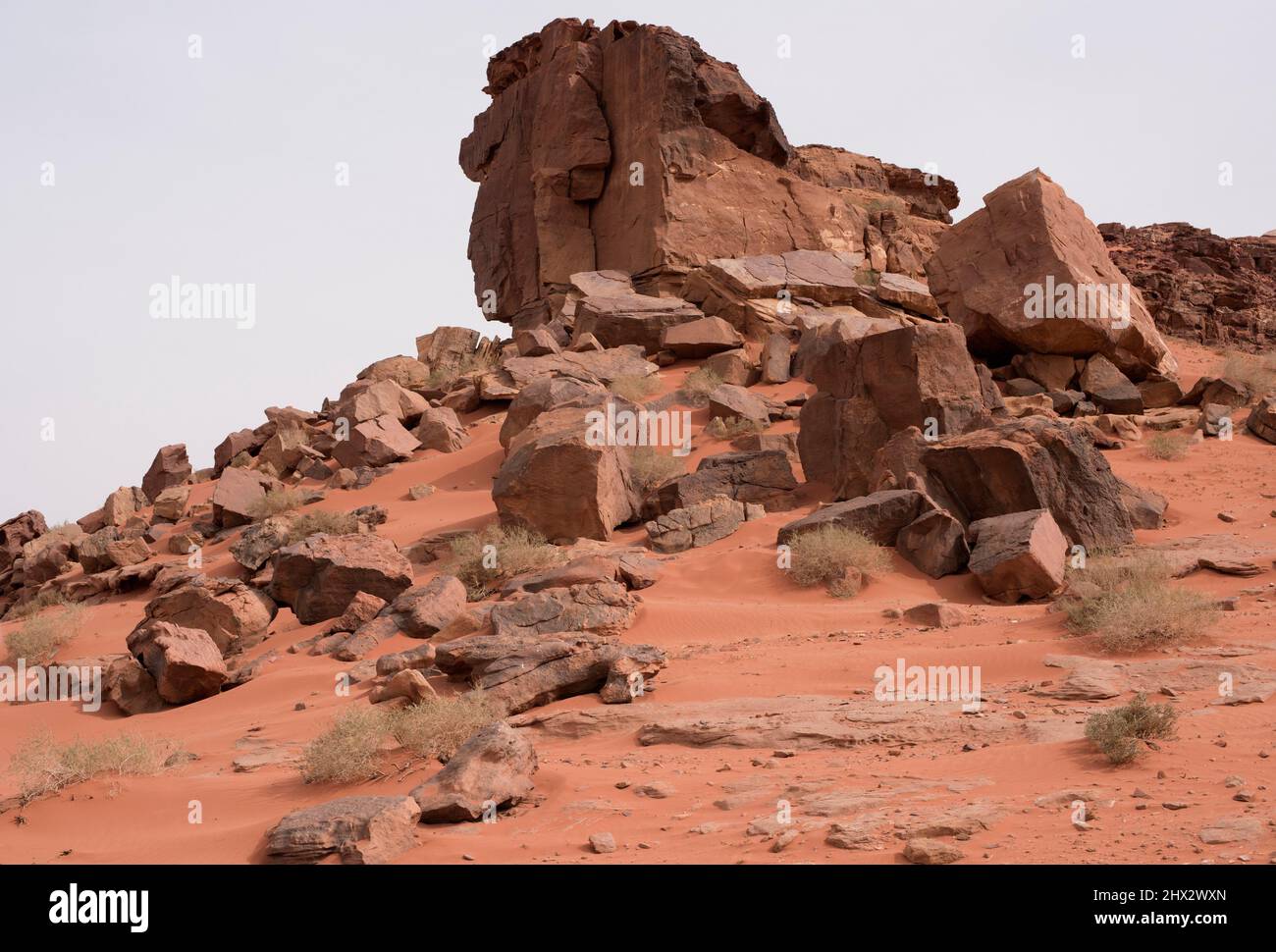Rotura de roca para el estrés térmico, una especie de meteorización geológica. Wadi Rum, Jordania. Foto de stock