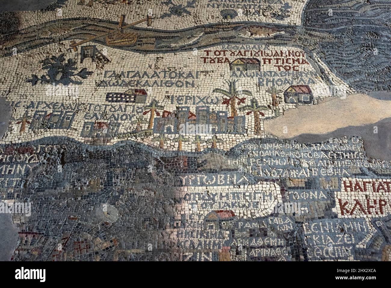 Mapa Mosaico de Madaba en la iglesia de San Jorge. Mapa de Tierra Santa (siglo 6th). Jordania. Foto de stock