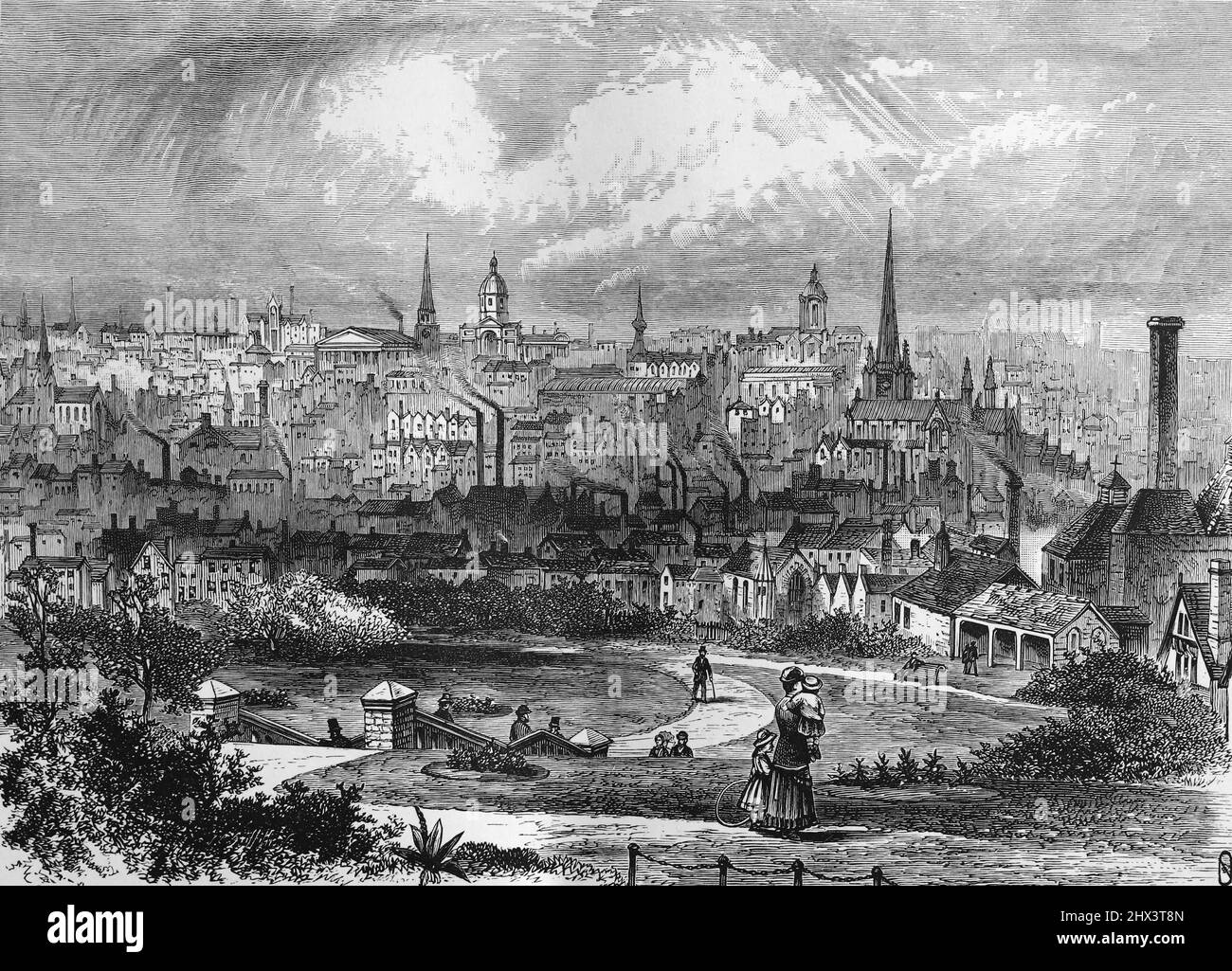 Vista de Birmingham, Inglaterra en el siglo 19th; ilustración en blanco y negro; Foto de stock