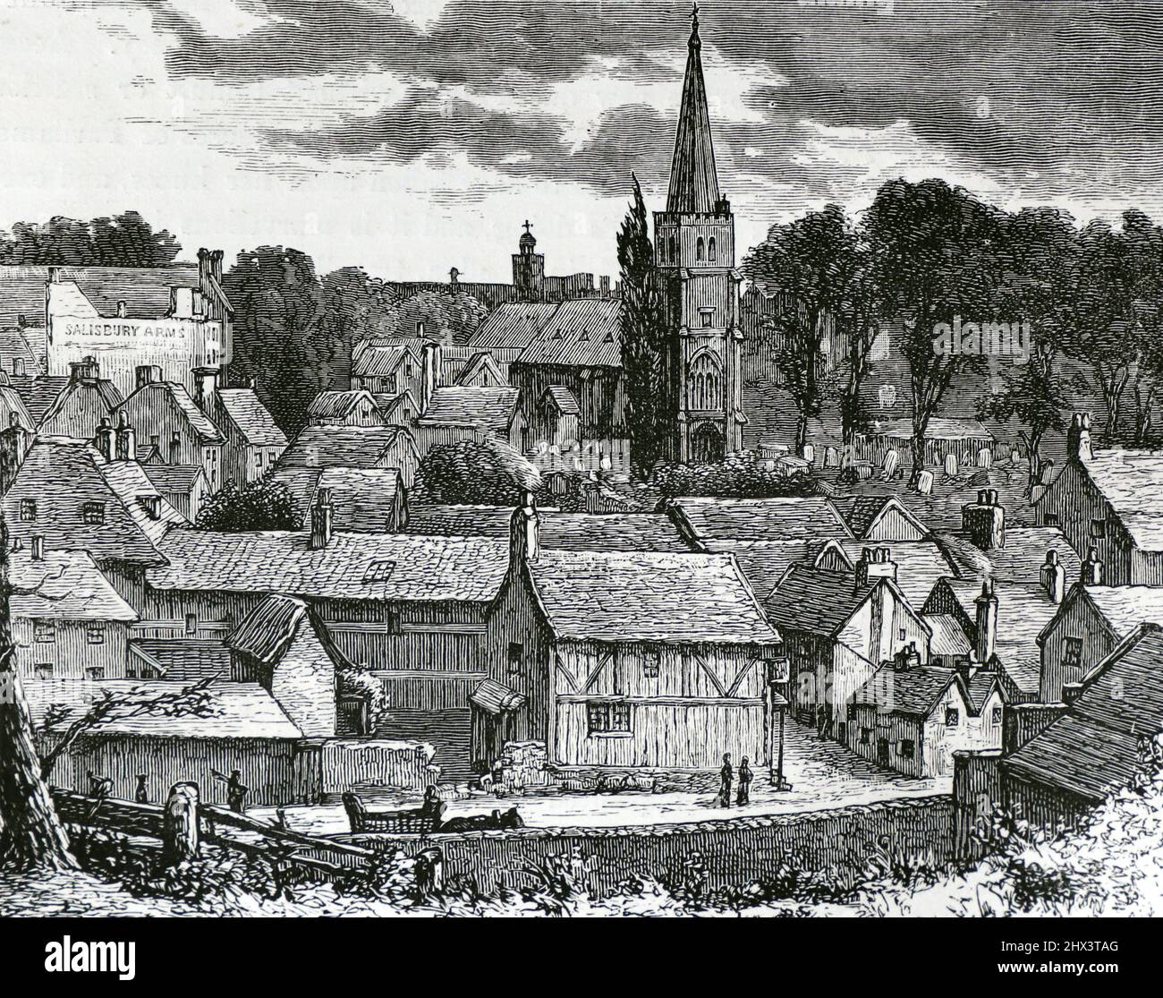Hatfield, Hertfordshire de la estación de tren en el siglo 19th; ilustración en blanco y negro; Foto de stock