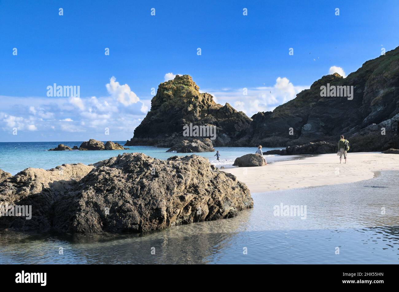 Kynance ensenada en la península de Lizard, con sus inconfundibles serpentina pilas de rocas, arena blanca y aguas turquesas, Cornwall, Inglaterra, Reino Unido. Foto de stock