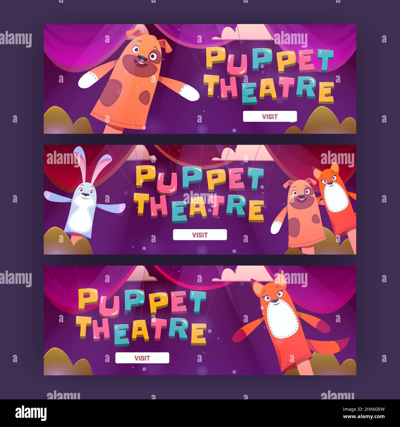 Banners web de dibujos animados de teatro de marionetas, muñecos divertidos  realizan un espectáculo o cuento de hadas para los niños en el escenario.  Juguetes de mano Personajes de perro, conejo y
