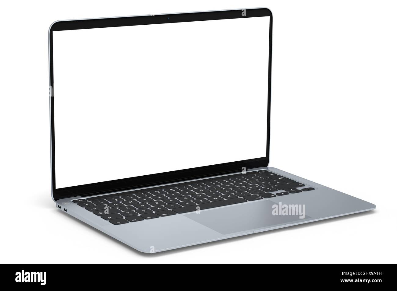 Portátil de aluminio realista con pantalla blanca vacía aislada sobre fondo blanco. 3D renderizado de ordenador portátil abierto para el hogar estudio workspa Foto de stock