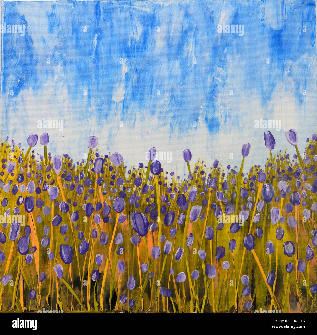 Pintura acrílica impresionista abstracta de campo de flores púrpura con cielo azul Foto de stock