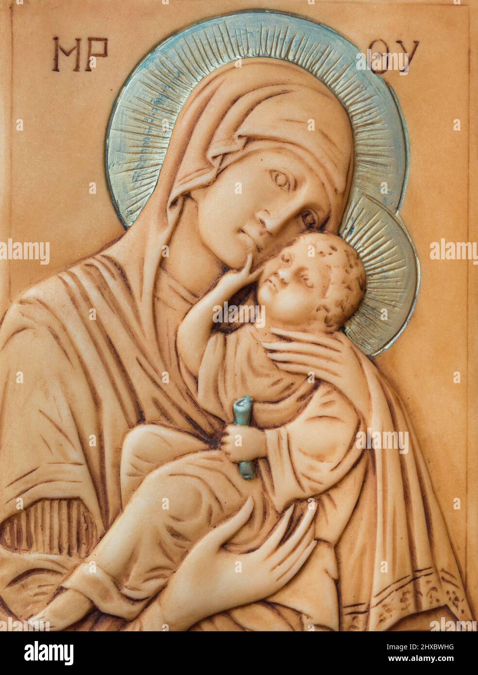 Icono de la Virgen Madre de Dios (María) y del niño (Jesucristo) Foto de stock