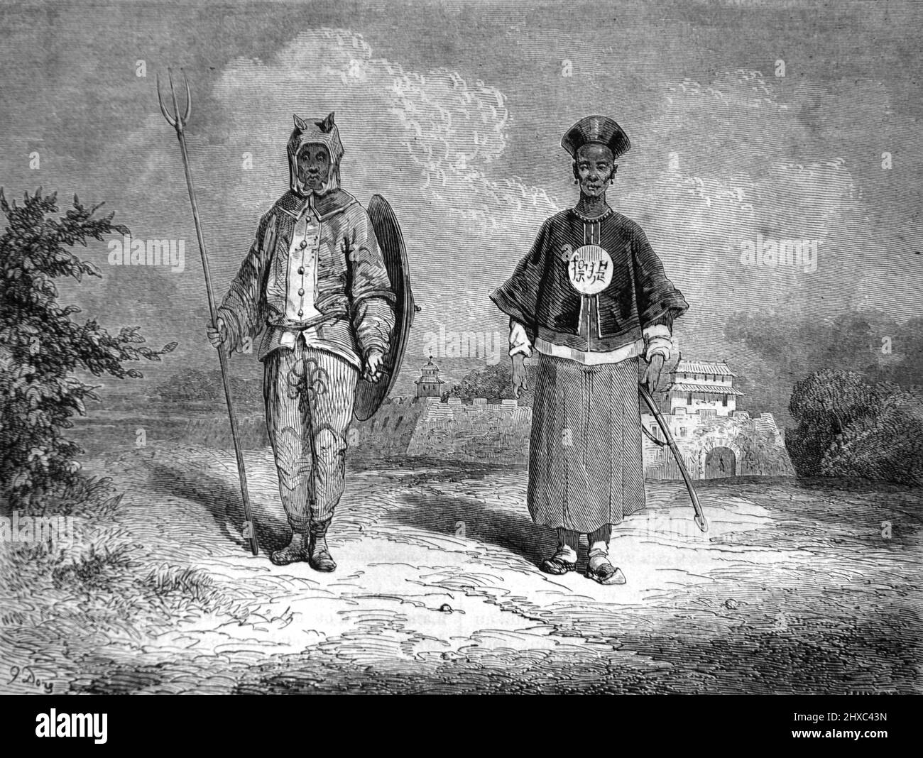 Soldados o guardias chinos de la Dinastía Qing con uniforme o traje militar chino. Ilustración o grabado vintage 1860. Foto de stock