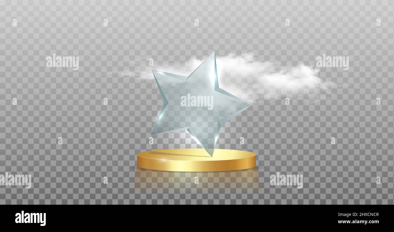 cristal trofeo galardonado forma de estrella en 3d plataformas de oro de estudio y las nubes esponjosas. Suelo de pedestal de moda. Escenario de lujo en el podio de exhibición, aislado Ilustración del Vector