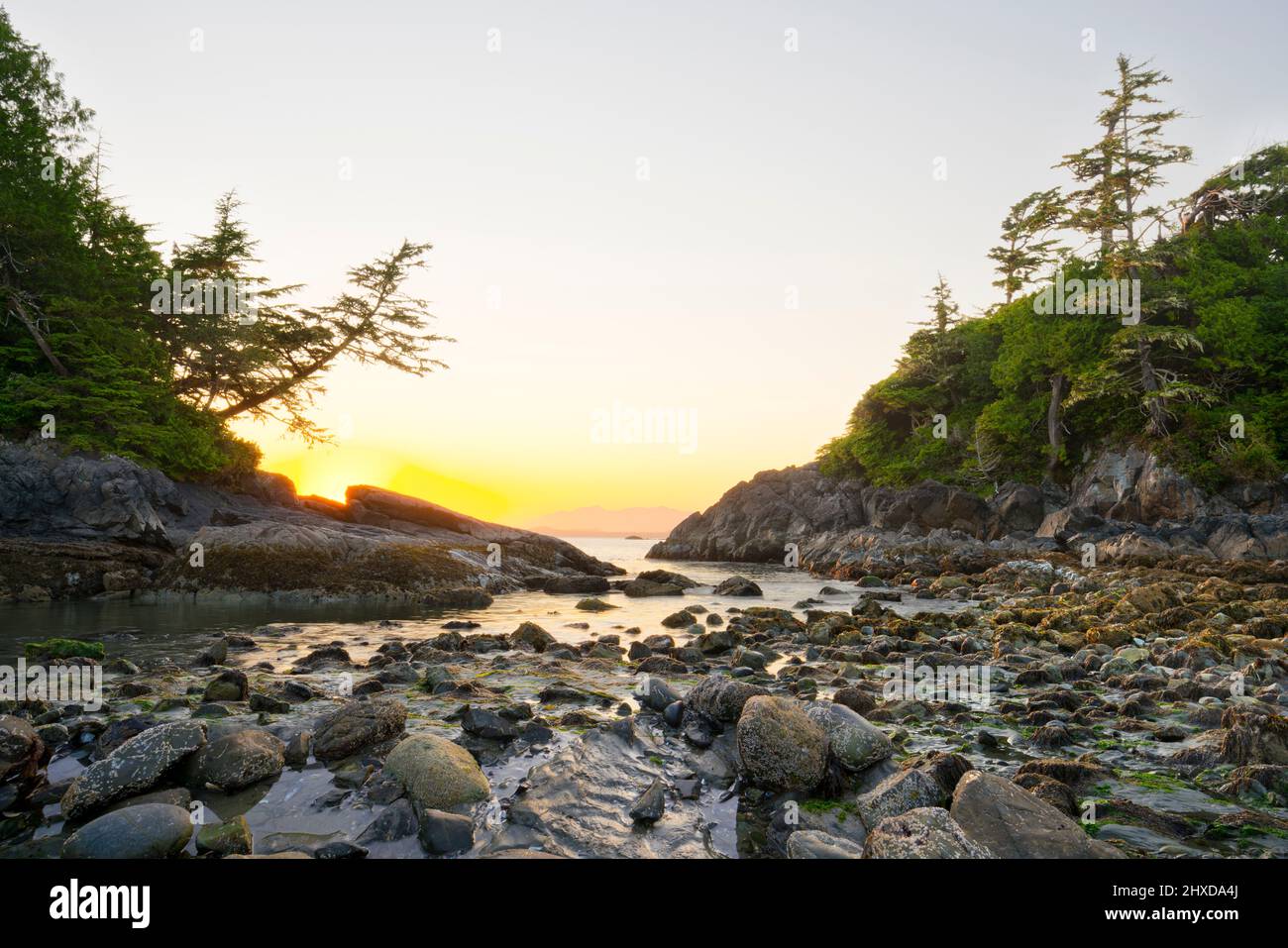 Puesta de sol en Mackenzie Beach, Tofino, Vancouver Island, British Columbia, Canadá Foto de stock
