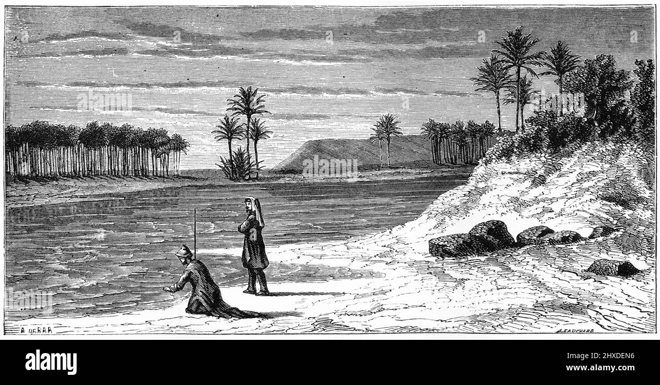 Grabado de exploradores europeos cerca del sitio de la antigua Babilonia, alrededor de 1880 Foto de stock